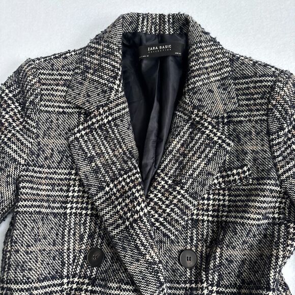 Zara Plaid Wool Blend Blazer Womens S Gray Black Double Breasted Preppy Academia - Picture 2 of 6